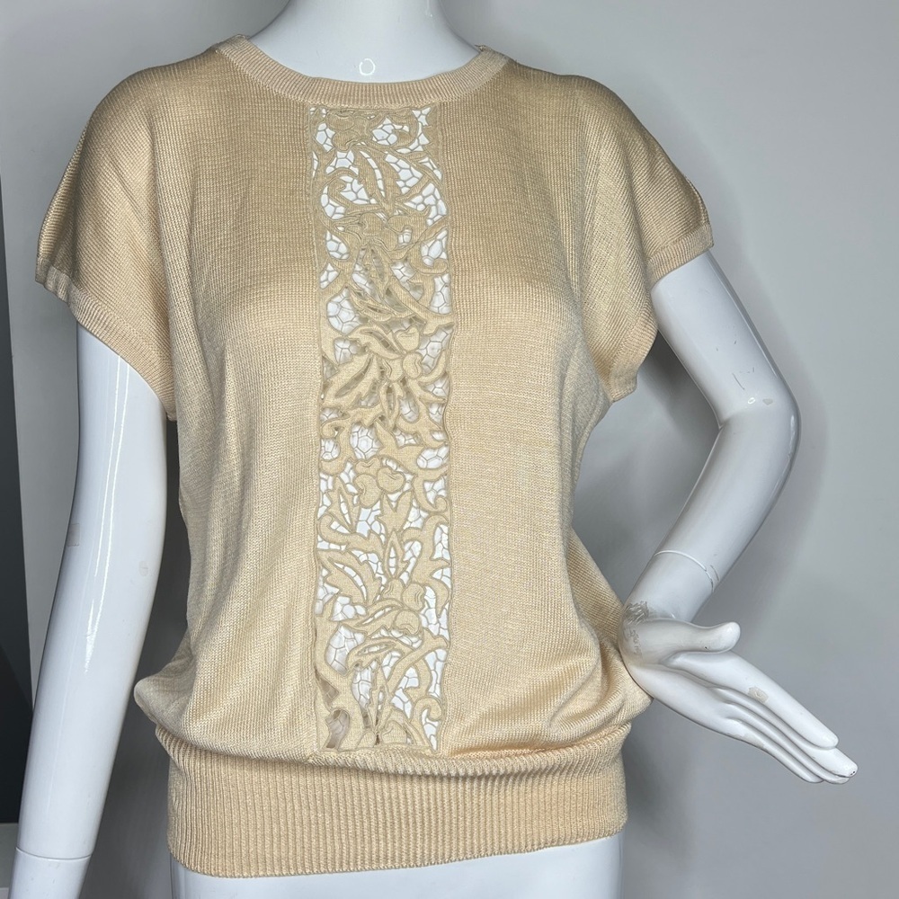 Gucci Sz 42 Vintage Short Drop Sleeve Cream Silk & Rayon Knit Sweater